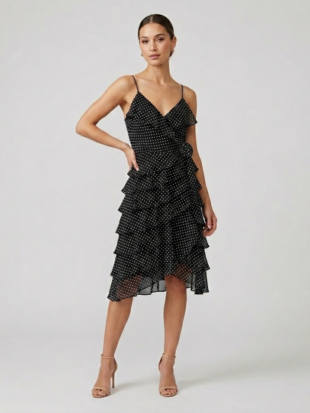 Ralph Lauren Black with White Polka Dot Ruffled Slip Dress